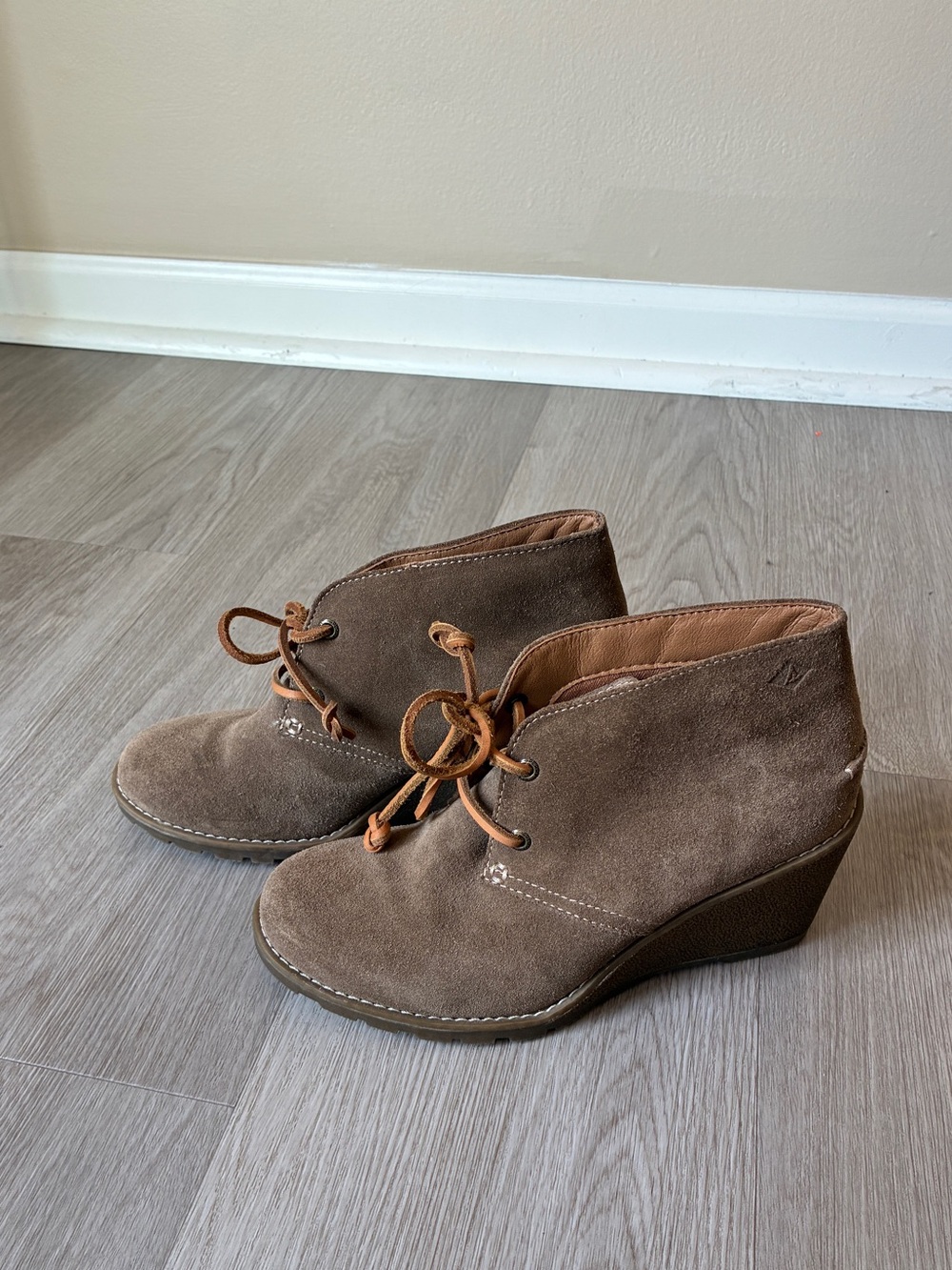 Sperry Stella Prow Taupe Suede Leather Wedge Ankle Booties